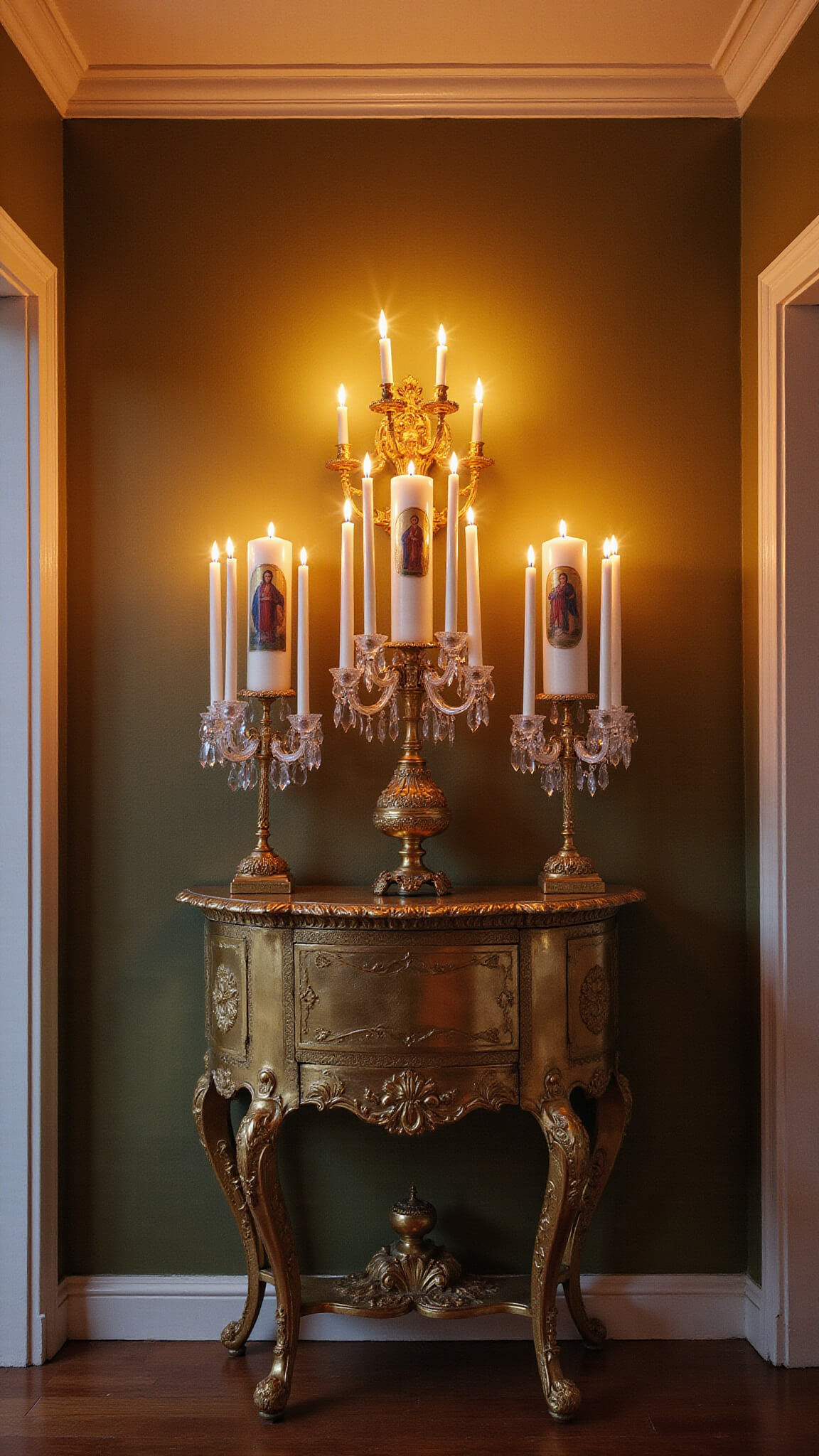 Elegant Victorian foyer at dusk with antique brass console table, religious Easter candles in crystal holders, and soft uplighting accentuating the icons.