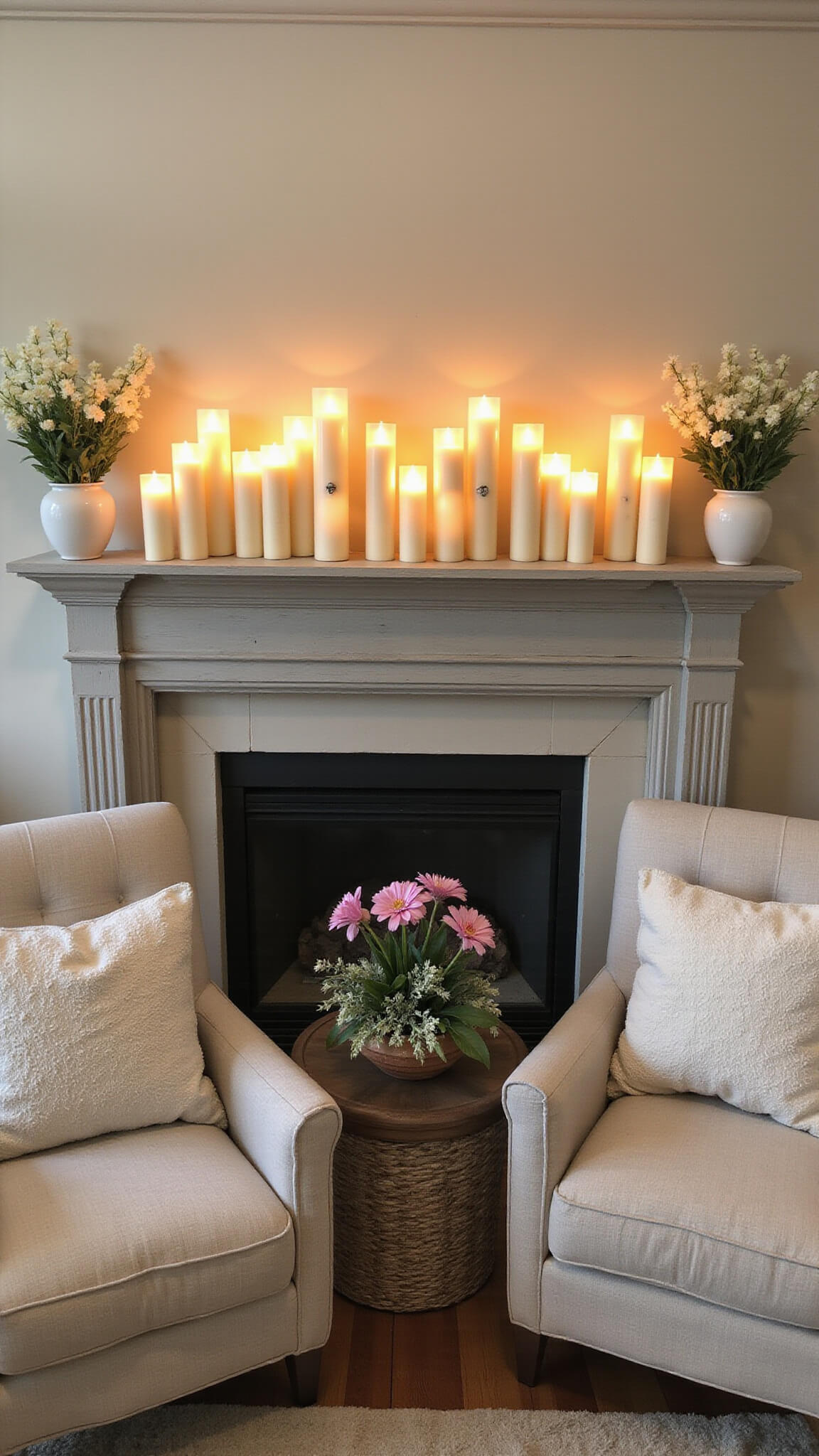 Inviting living room with flameless Easter candles on a gray mantel, pastel cushions, and spring floral arrangements during golden hour.