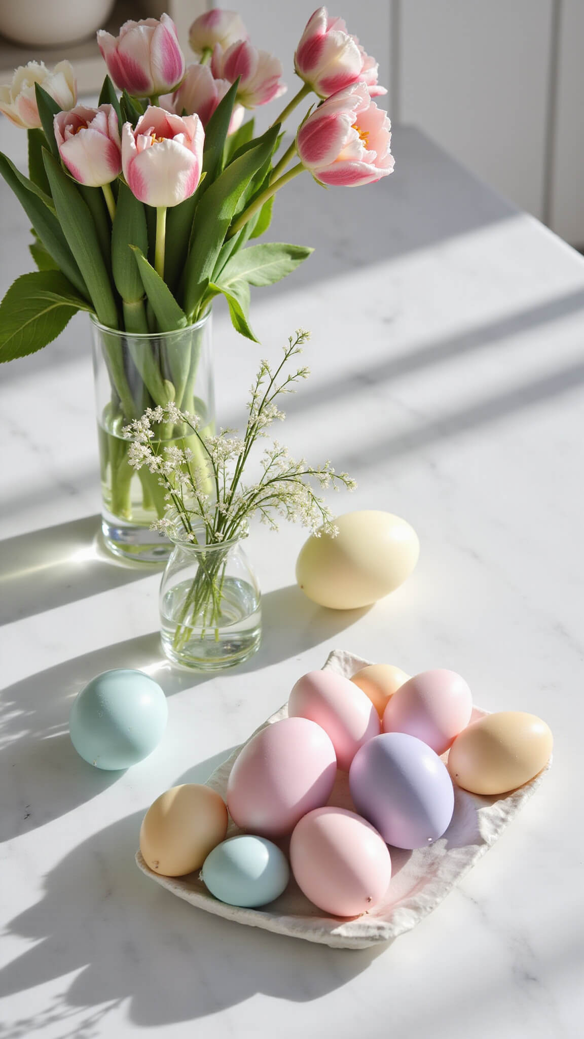 Modern kitchen island with pastel Easter egg candles arranged in a geometric pattern on marble, complemented by spring flowers in glass vases under gentle morning light.
