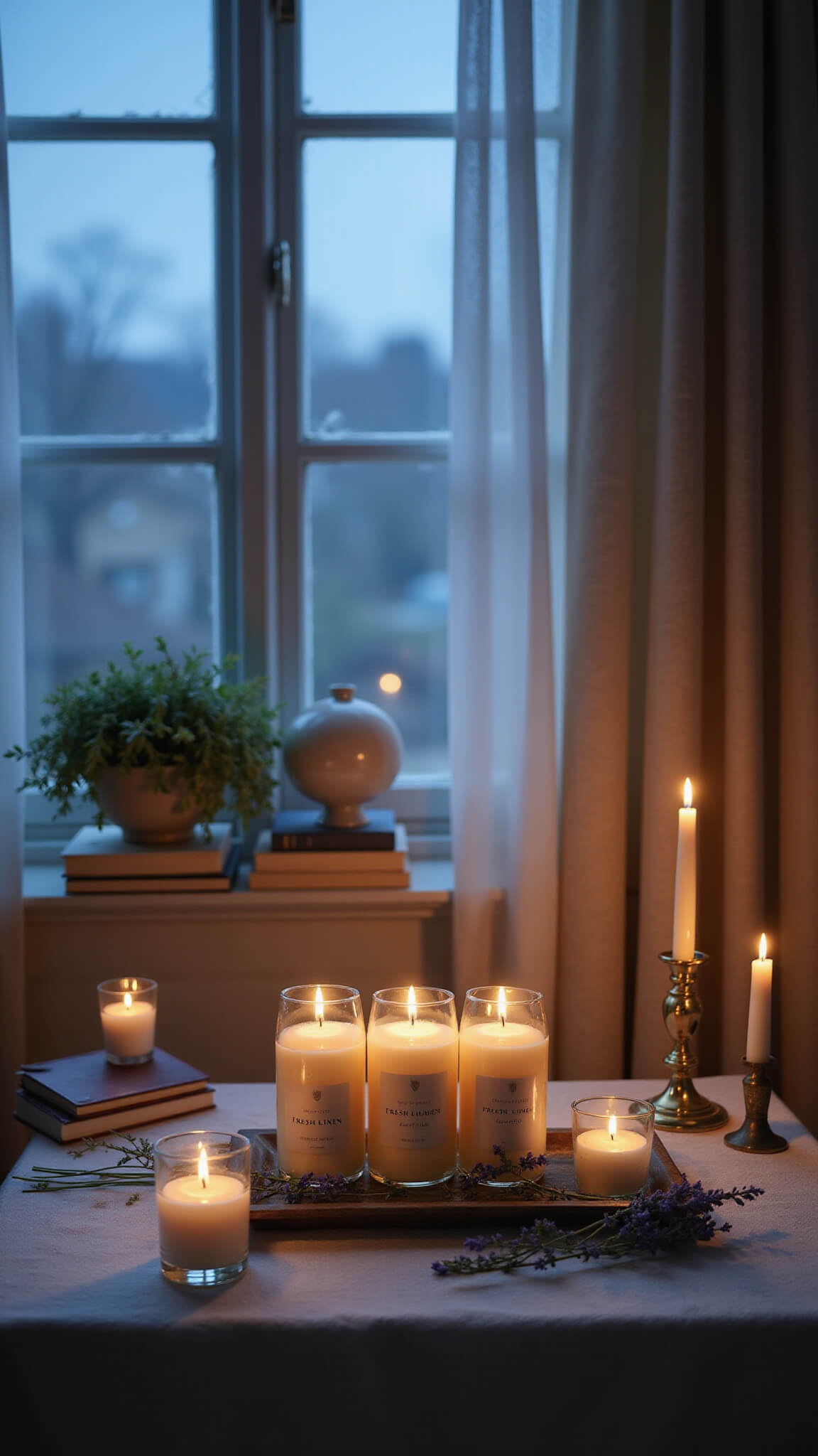 Cozy rustic bedroom at twilight featuring a bedside table with a three-wick fresh linen candle, smaller votives, vintage brass accents, and lavender sprigs illuminated by soft blue hour light.