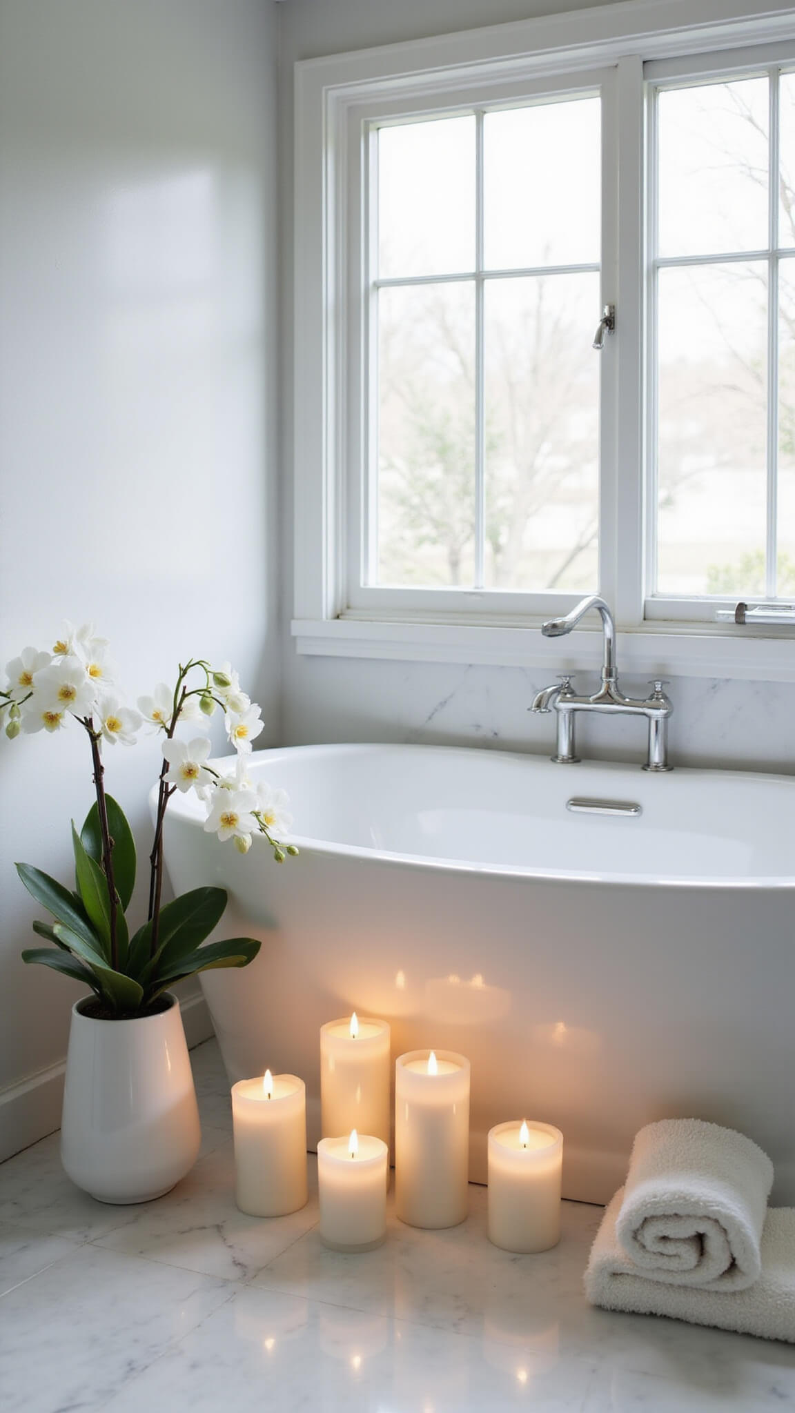 Minimalist bathroom with flameless candles surrounding a freestanding tub, marble flooring, floor-to-ceiling windows, white orchids, and plush towels bathed in soft morning light.