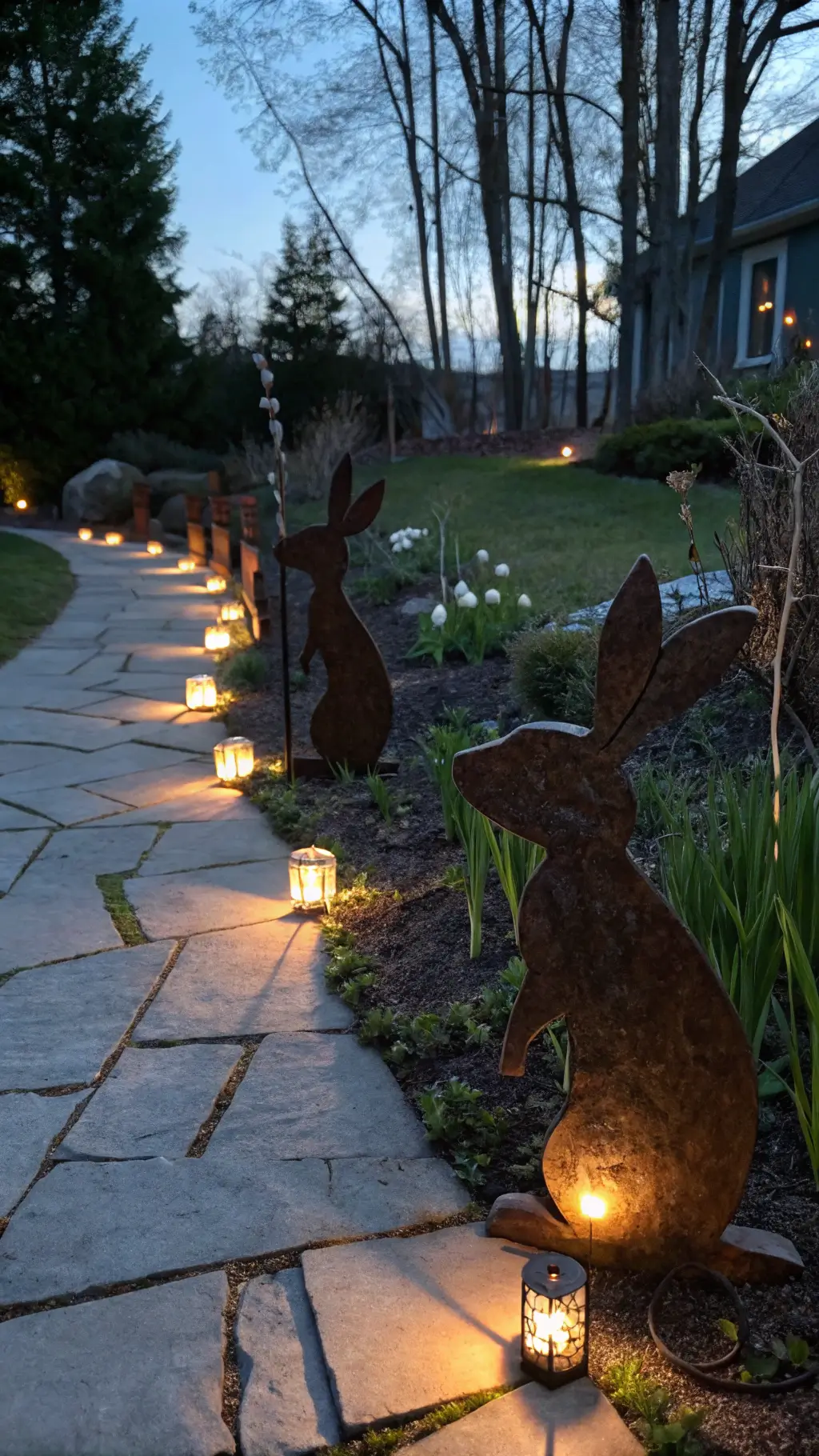 Evening garden path featuring life-sized metal bunny silhouettes illuminated from below, casting playful shadows on stone steps surrounded by blooming spring flowers and ceramic bunnies.
