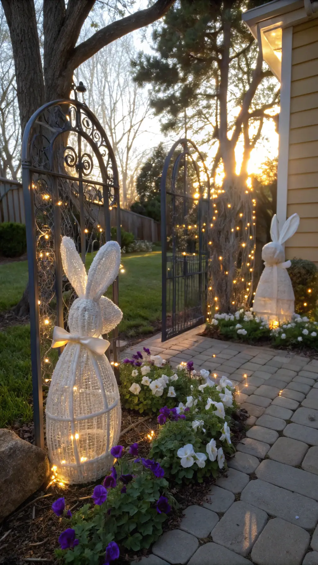 Enchanting garden corner featuring tall wire bunny ear sculptures wrapped in ivory fabric and fairy lights, surrounded by purple and white pansies, with dappled sunlight filtering through trees and a vintage garden gate.