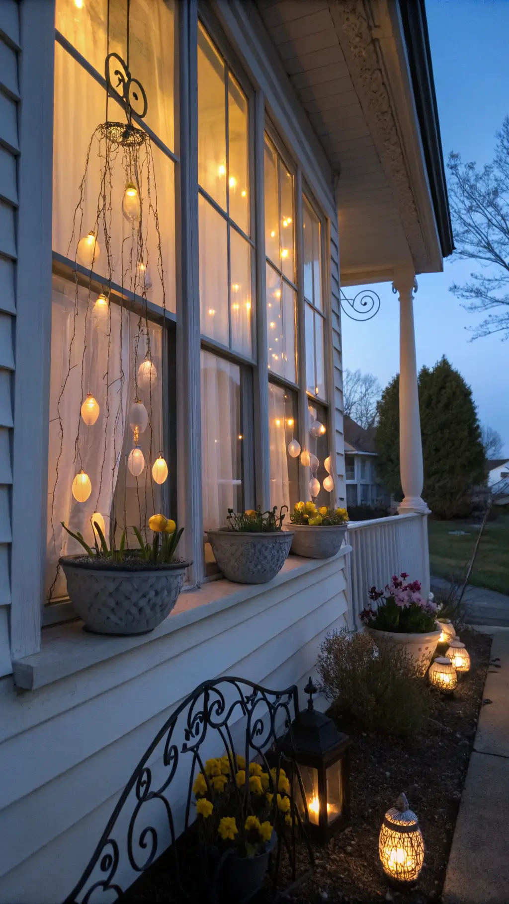 Vintage porch at twilight featuring glowing Easter egg mobiles hanging in the window, sheer curtains softly lit from inside, framed by wrought iron planters filled with spring flowers.