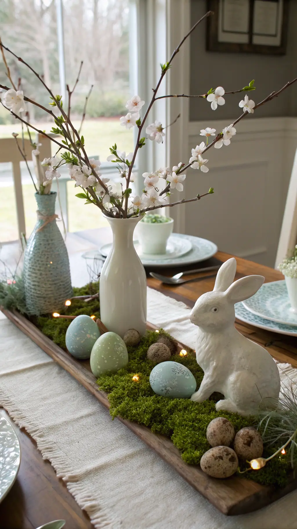 Rustic breakfast nook featuring cherry blossoms in vintage milk glass vases, hand-painted Easter eggs, ceramic bunny figurines, and moss softly illuminated by morning sunlight.