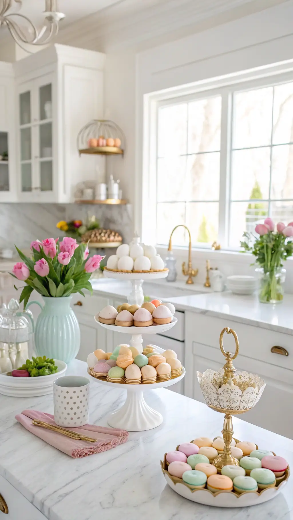 Bright kitchen with marble countertops, brass fixtures, vintage milk glass on open shelves, spring flowers, and an island display featuring pastel macarons, speckled eggs, and gold-rimmed teacups in morning sunlight.