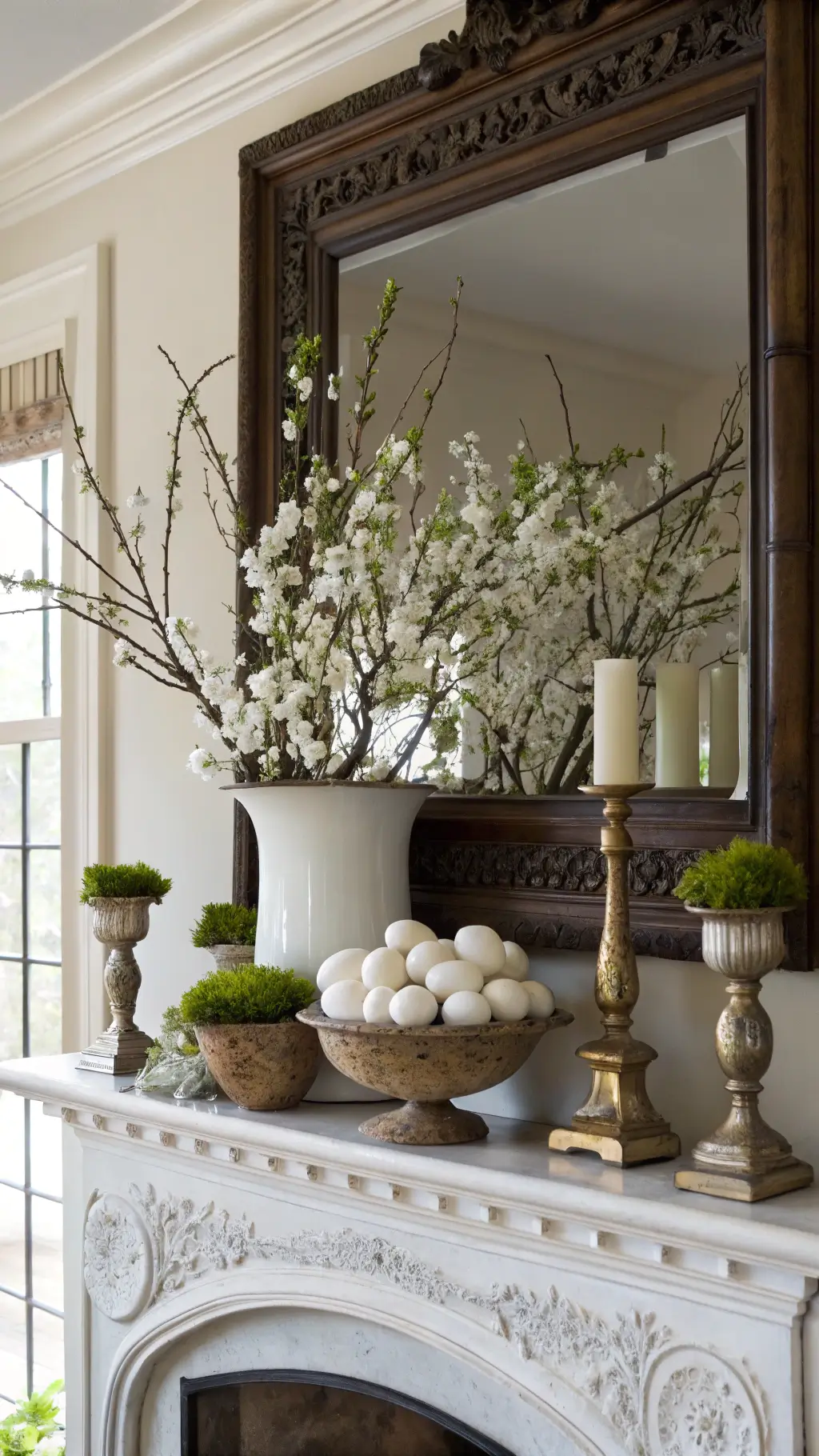 Refined spring mantel decorated with white cherry blossoms, nested eggs, brass candlesticks, and soft green moss against a white fireplace and antique mirror.