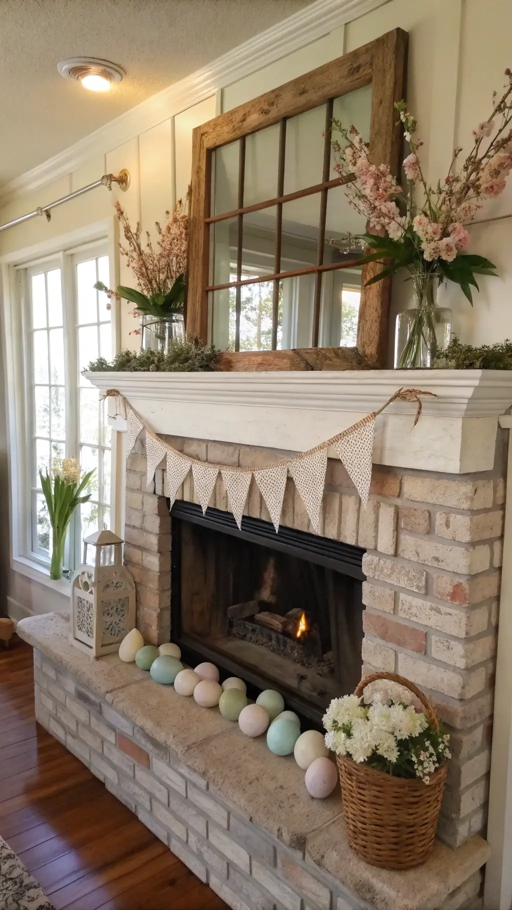Rustic farmhouse Easter mantel with vintage window frame, pastel tulips in cream pottery, speckled eggs in a basket, and linen bunting glowing in golden hour light.