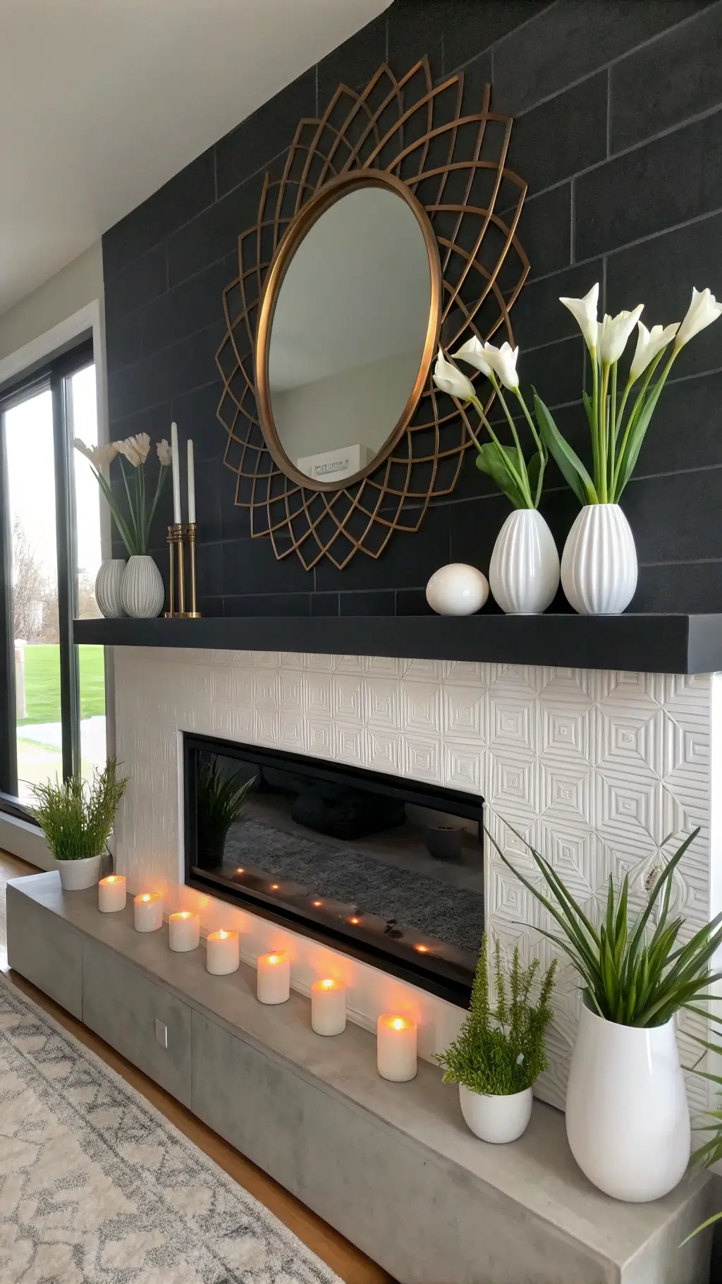 Sleek minimalist Easter mantel with white ceramic vases, calla lilies, rose gold geometric egg sculptures, brass mirror, and crystal votives against a matte black backdrop.