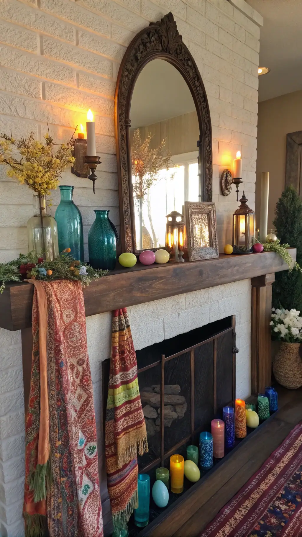 Bohemian Easter mantel with vintage brass mirror, colorful glass bottles filled with wildflowers, hand-painted eggs, silk scarves, and Moroccan lanterns illuminated by warm afternoon light.