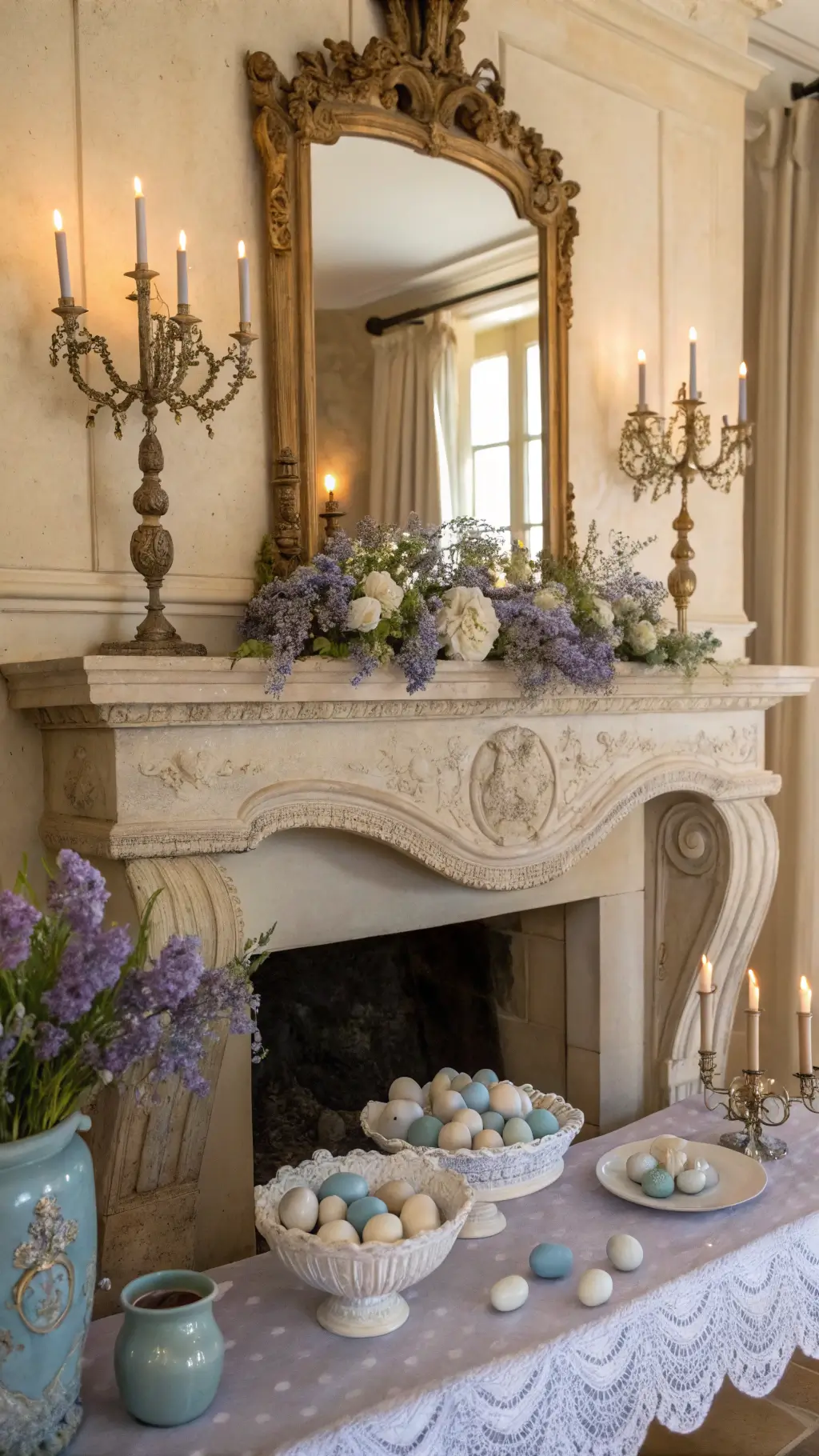 French country style Easter mantel with gilded mirror, blue and white pottery filled with lavender, pastel porcelain eggs, lace runner, and crystal candelabras glowing in soft light.