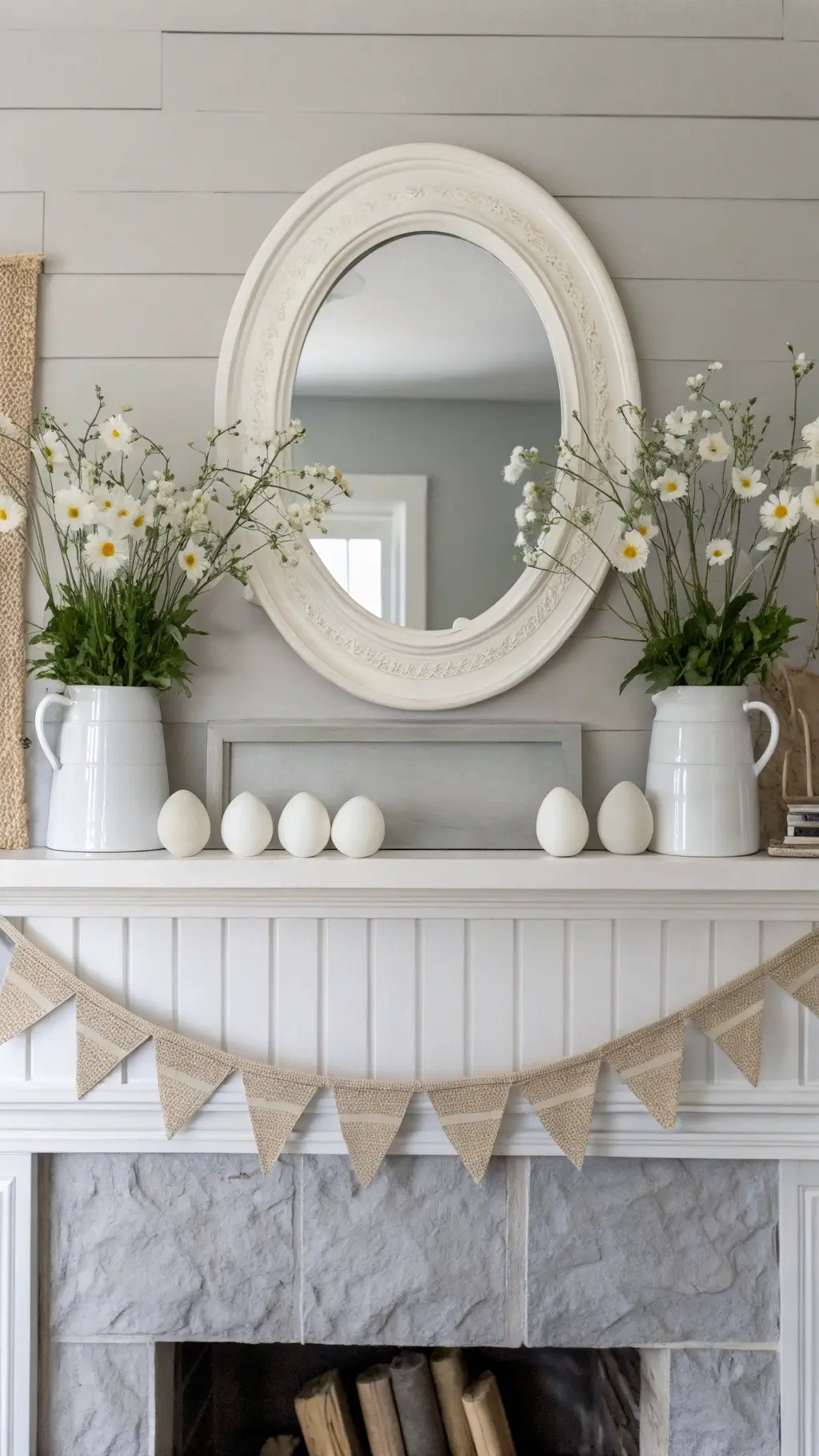 Minimalist Scandinavian Easter mantel with white ceramic vases, single white anemones, pale wooden eggs, oatmeal linen runner, and handmade cream garland against pale gray shiplap.