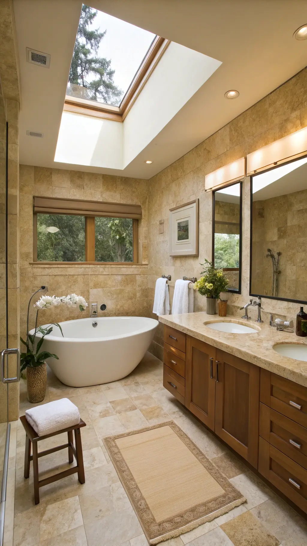Tranquil master bathroom adorned with travertine tiles, a freestanding tub beneath a skylight, and natural wood accents.