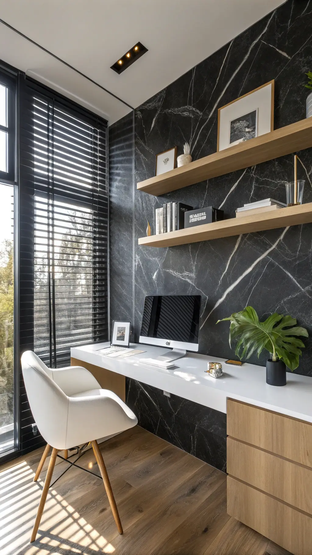 Modern home office featuring a sleek black granite wall, minimalist white desk, leather chair, and light wood shelving with abstract artwork.