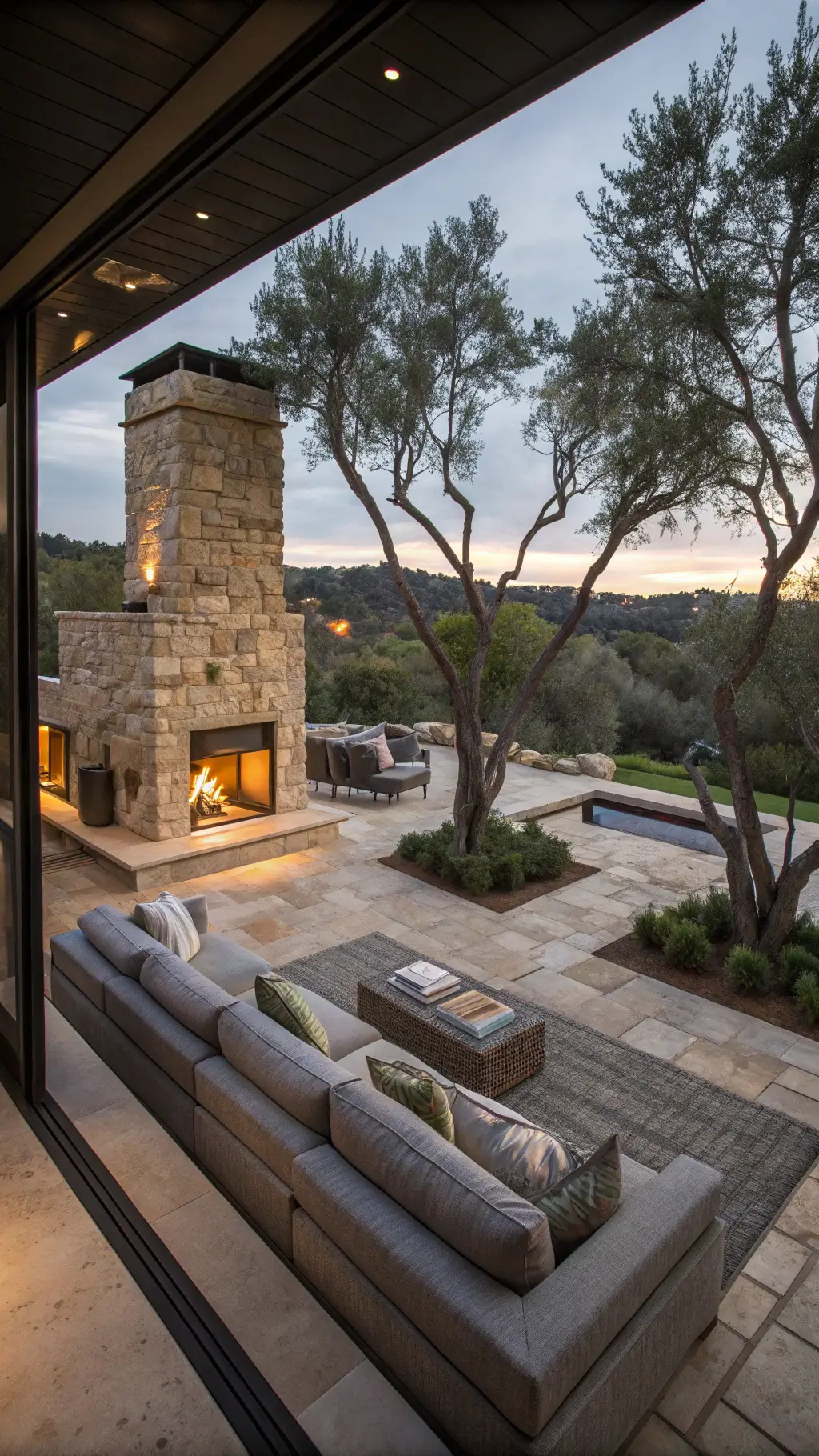 Spacious indoor-outdoor living area with retractable glass walls, limestone fireplace, layered rugs, and potted olive trees at twilight.