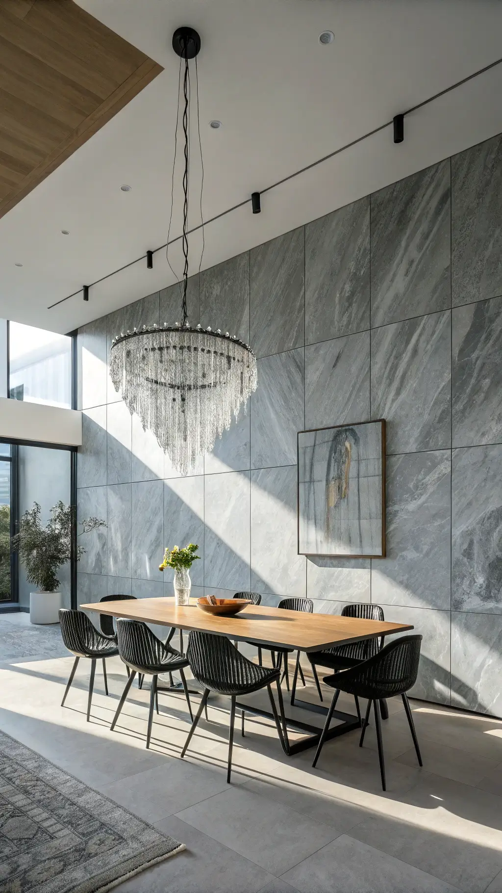 Minimalist dining area with oak table, black chairs, split-face gray marble wall, crystal chandelier, and abstract artwork.