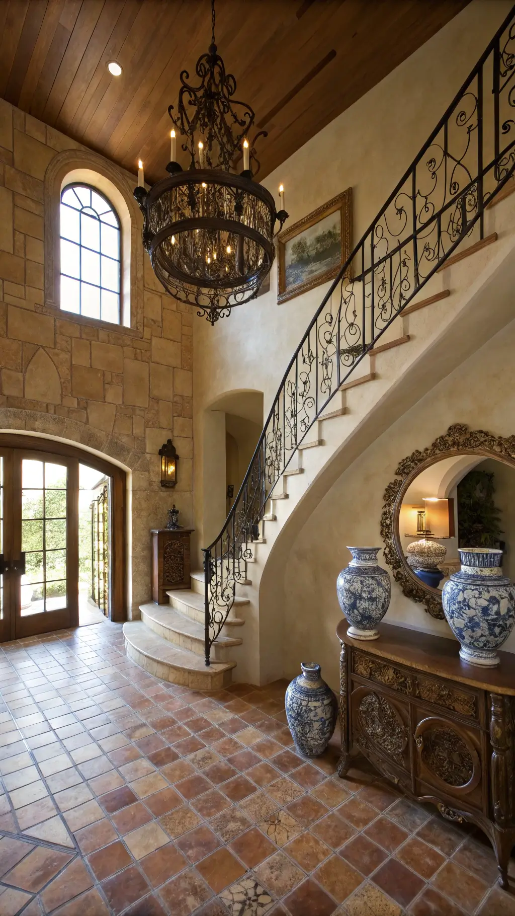 Mediterranean-inspired entryway featuring limestone walls, terracotta flooring, wrought iron chandelier, antique furnishings, and decorative ceramics.