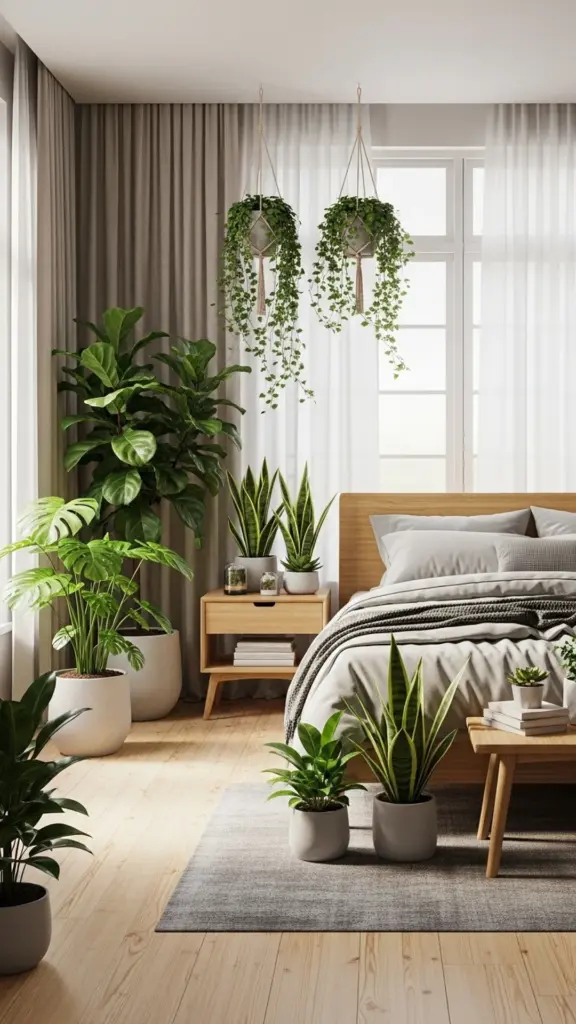 Indoor plants near bed