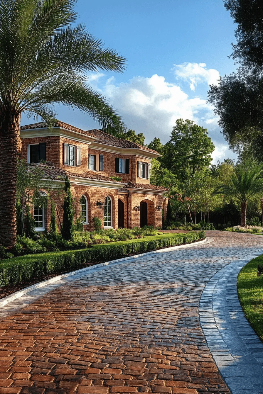 driveway entry landscaping with brick accents