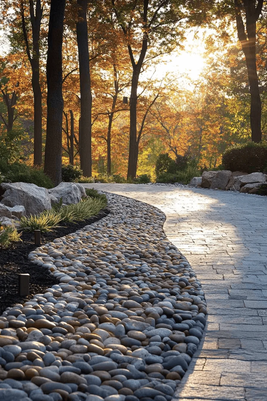 driveway entry landscaping with pebble edging