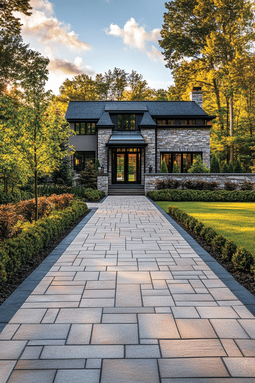 driveway entry landscaping with geometric lines