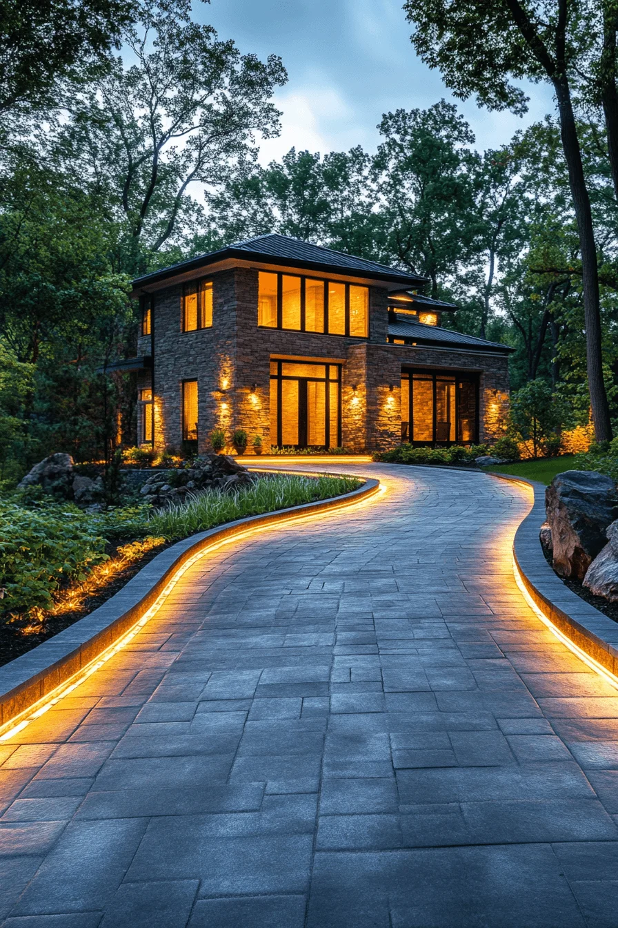driveway entry landscaping with soft lighting