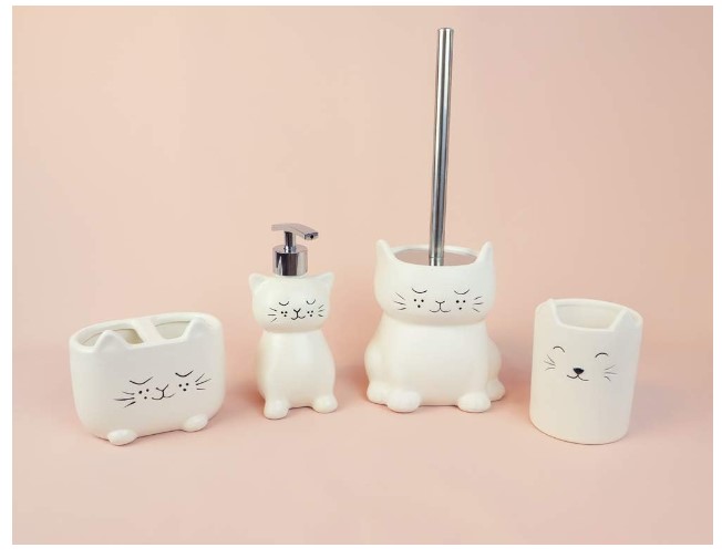 Isaac Jacobs White Ceramic Cat Toilet Bowl Brush Holder with Chrome Metal Handle