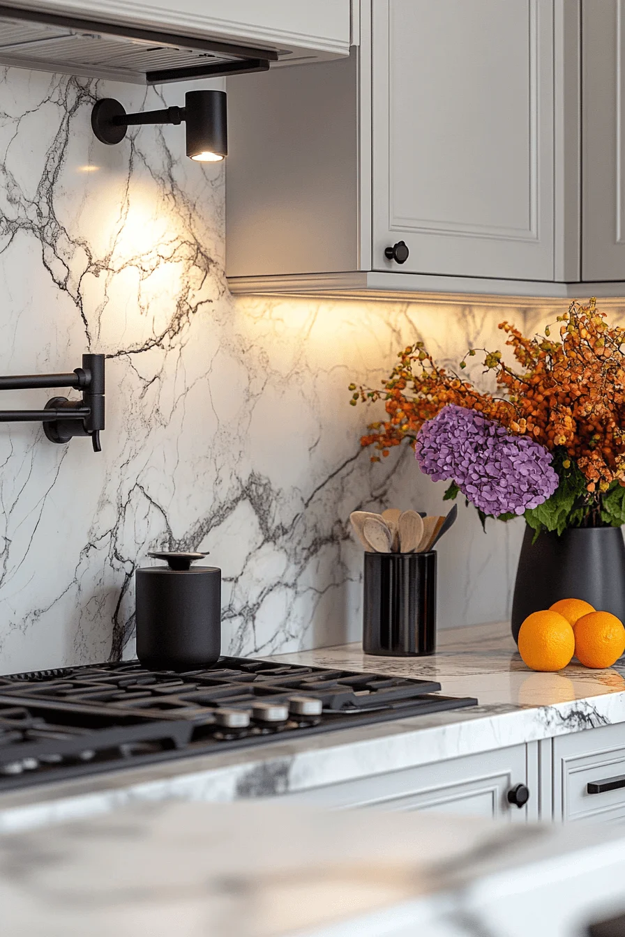 high contrast marble veins backsplash