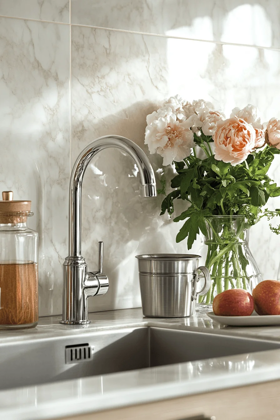 high gloss marble backsplash