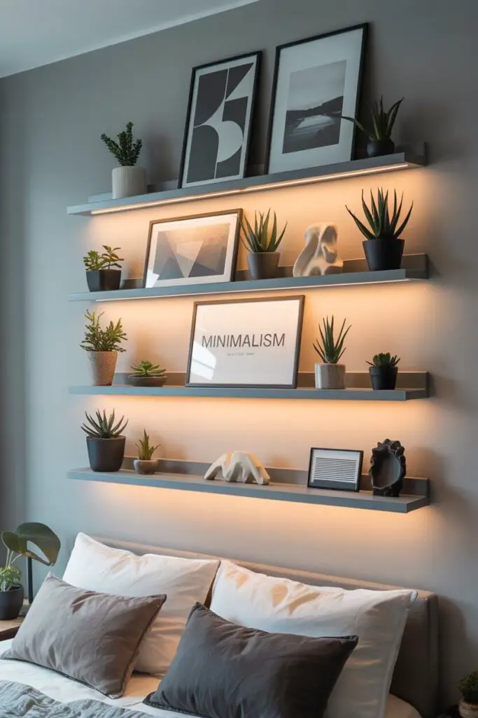 Floating Shelves with Art and Plants