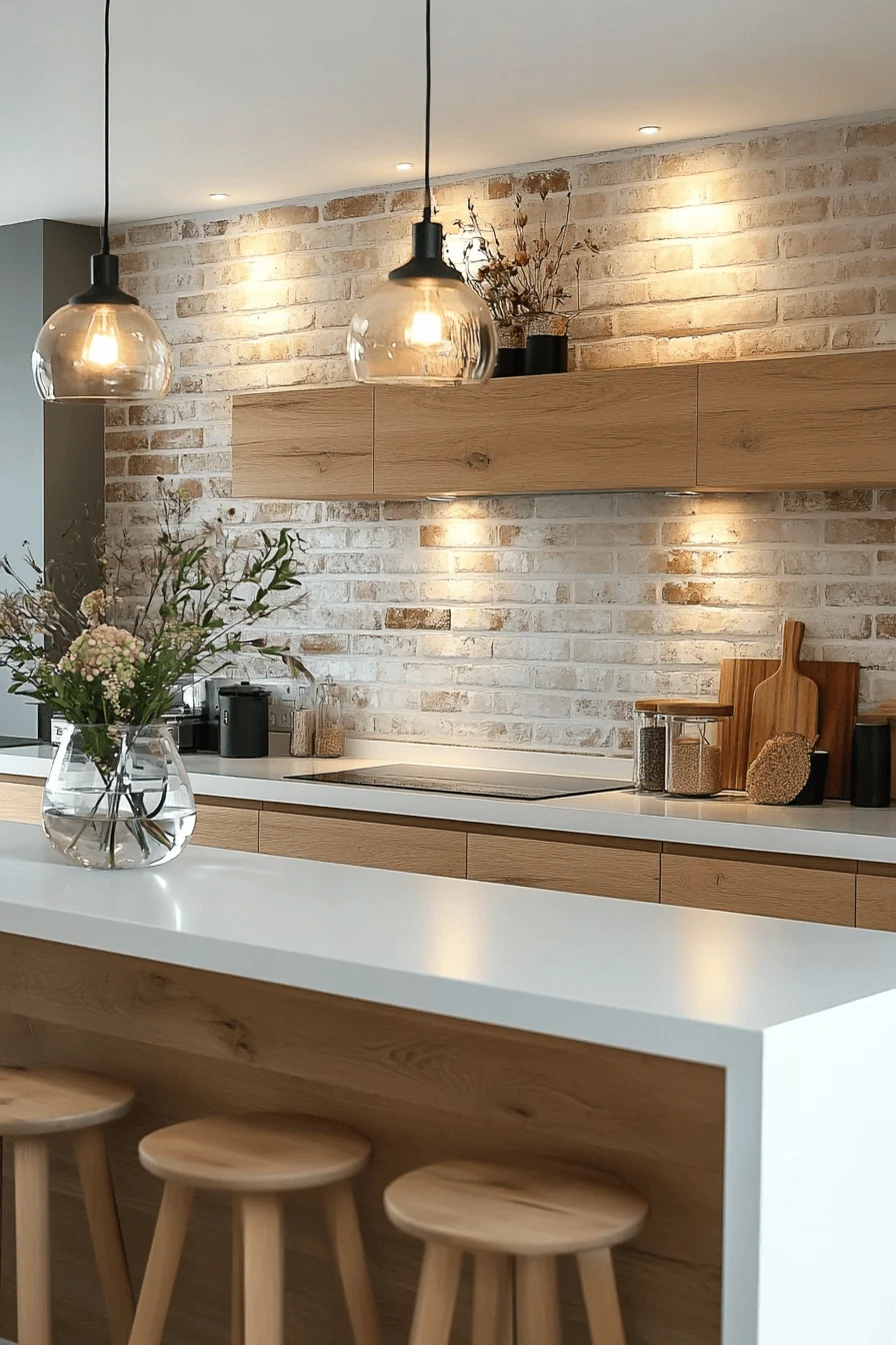 neutral brick backsplash kitchen