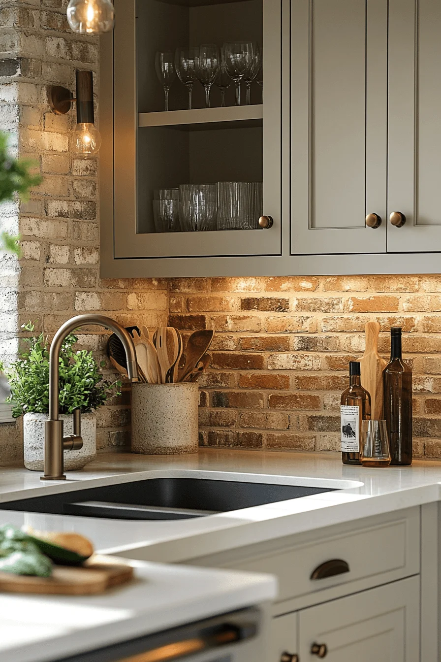 warm beige brick backsplash kitchen