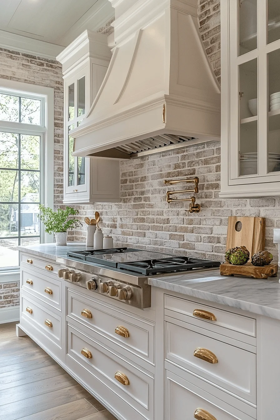 soft blush brick backsplash kitchen