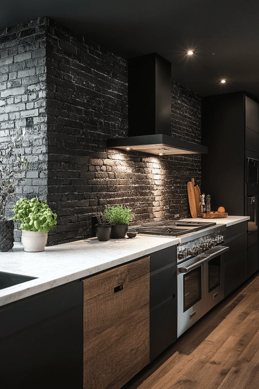 monochrome brick backsplash kitchen