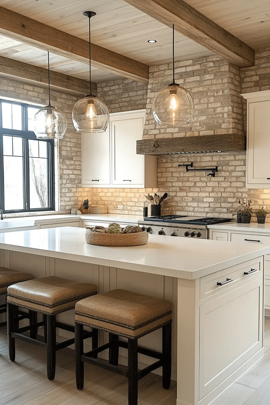sand toned brick backsplash kitchen
