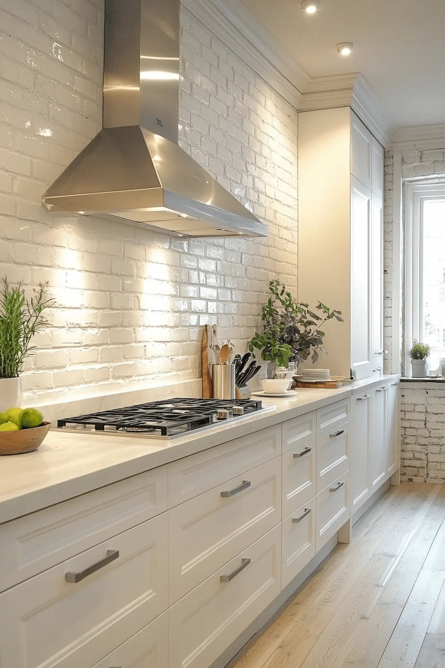 bright tone brick backsplash kitchen