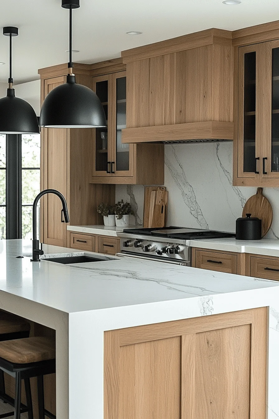 oak cabinets with white countertops