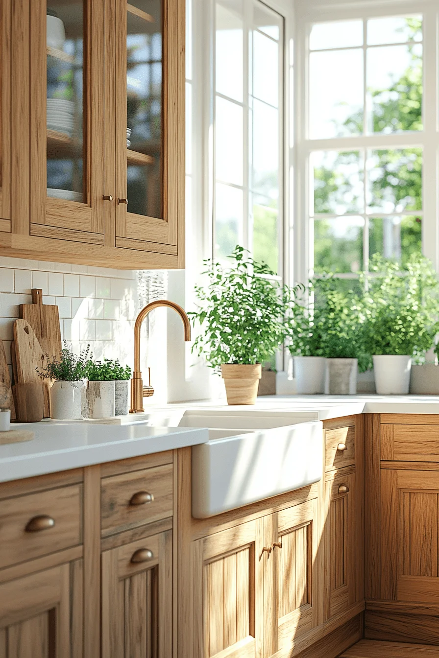 oak cabinets with white countertops