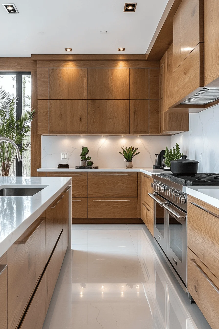 oak cabinets with white countertops