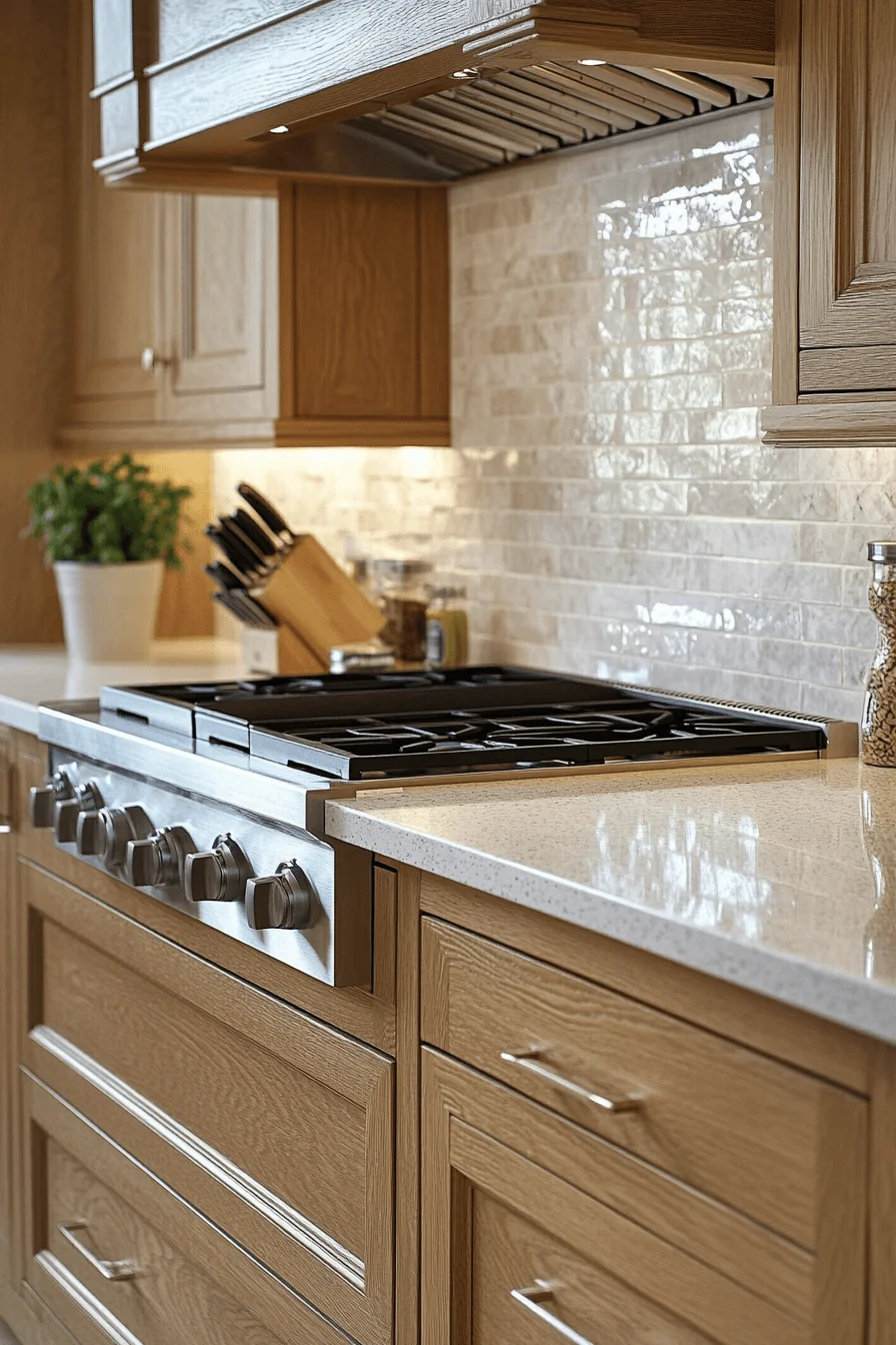 oak cabinets with white countertops