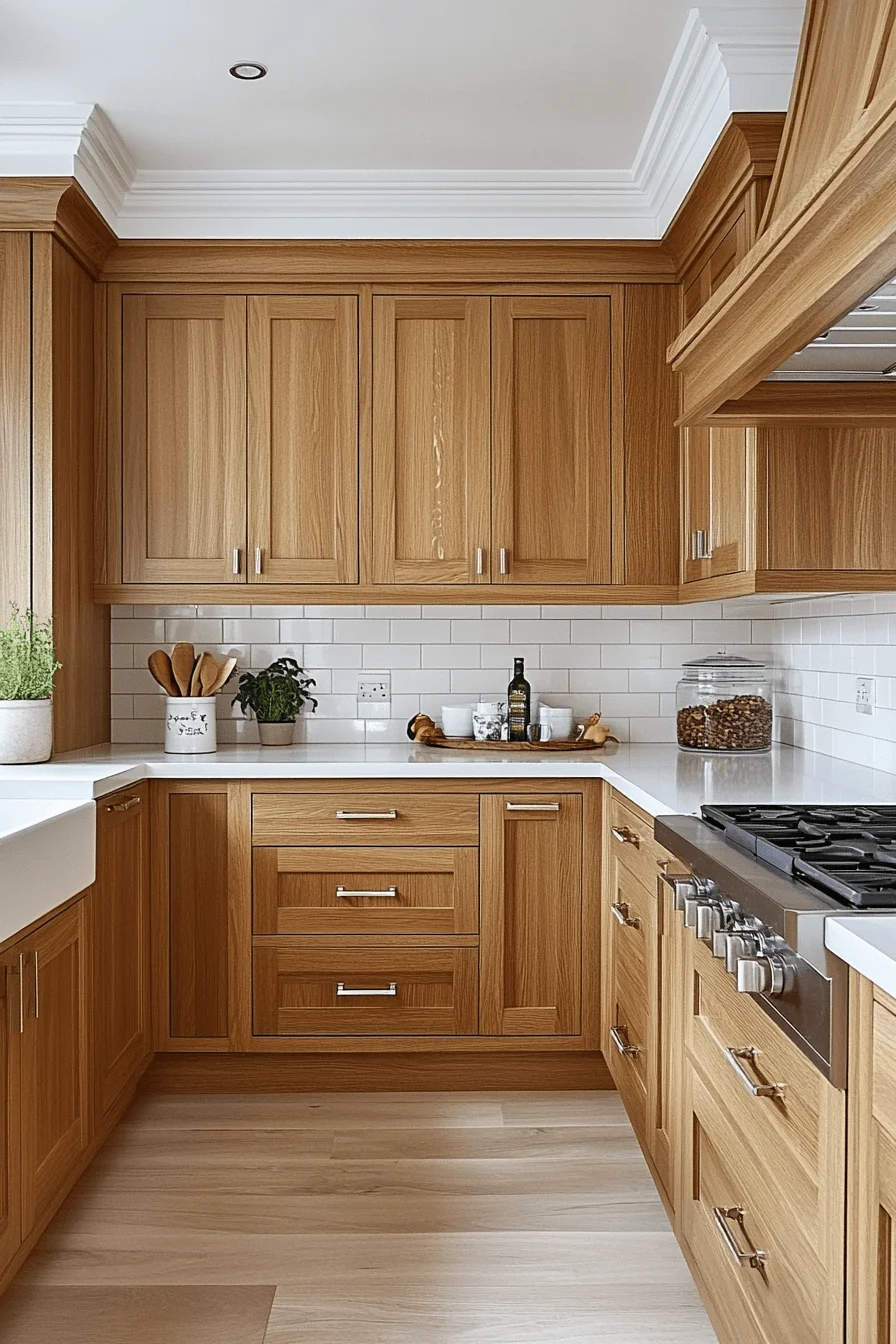 oak cabinets with white countertops