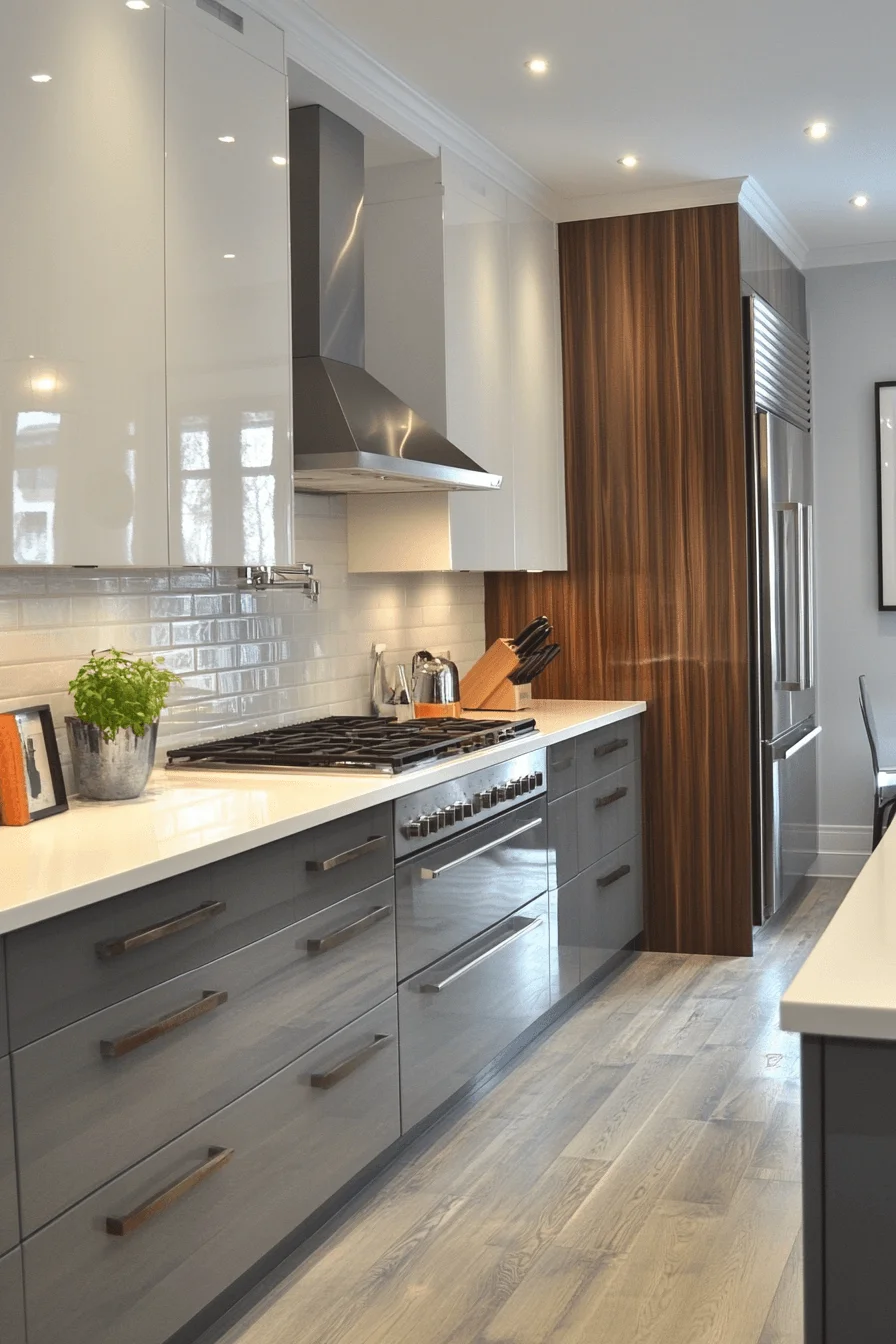 grey and white kitchen cabinets with dynamic accents
