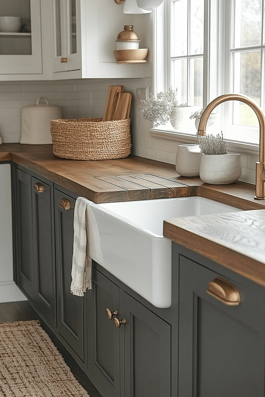 warm and elegant grey and white kitchen cabinets