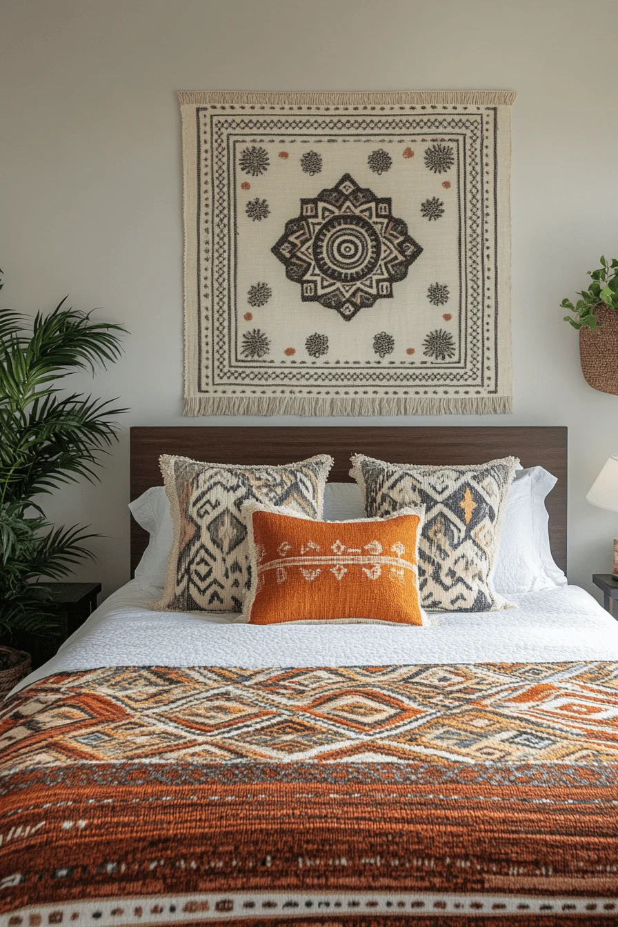 modern boho bedroom with geometric patterns
