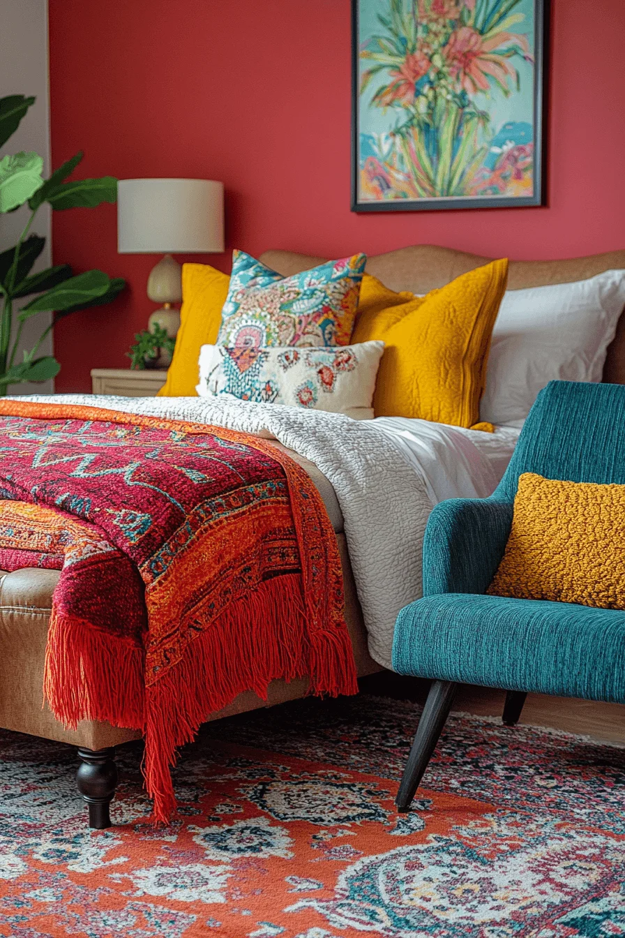 boho bedroom with bold colors