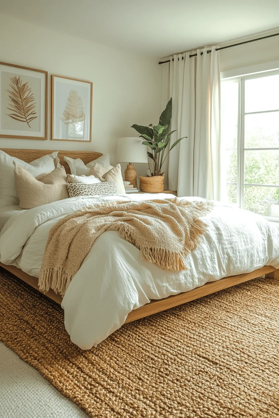 sleek boho bedroom with macrame