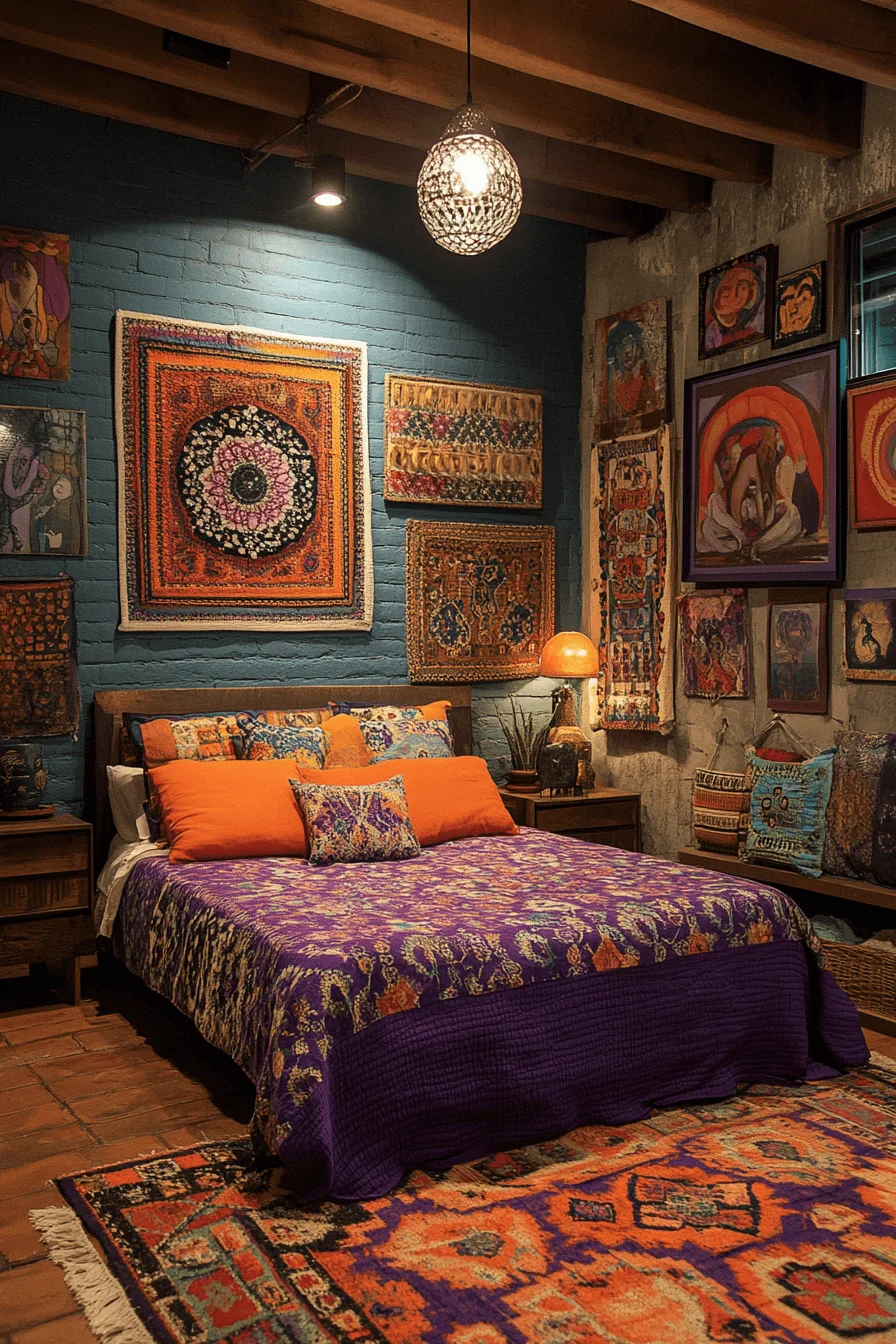 boho bedroom with eclectic art