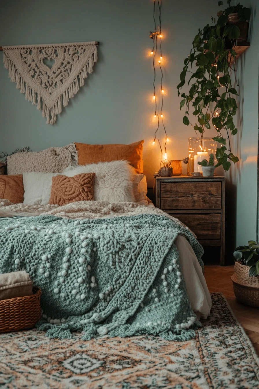 cozy boho bedroom with plush furniture