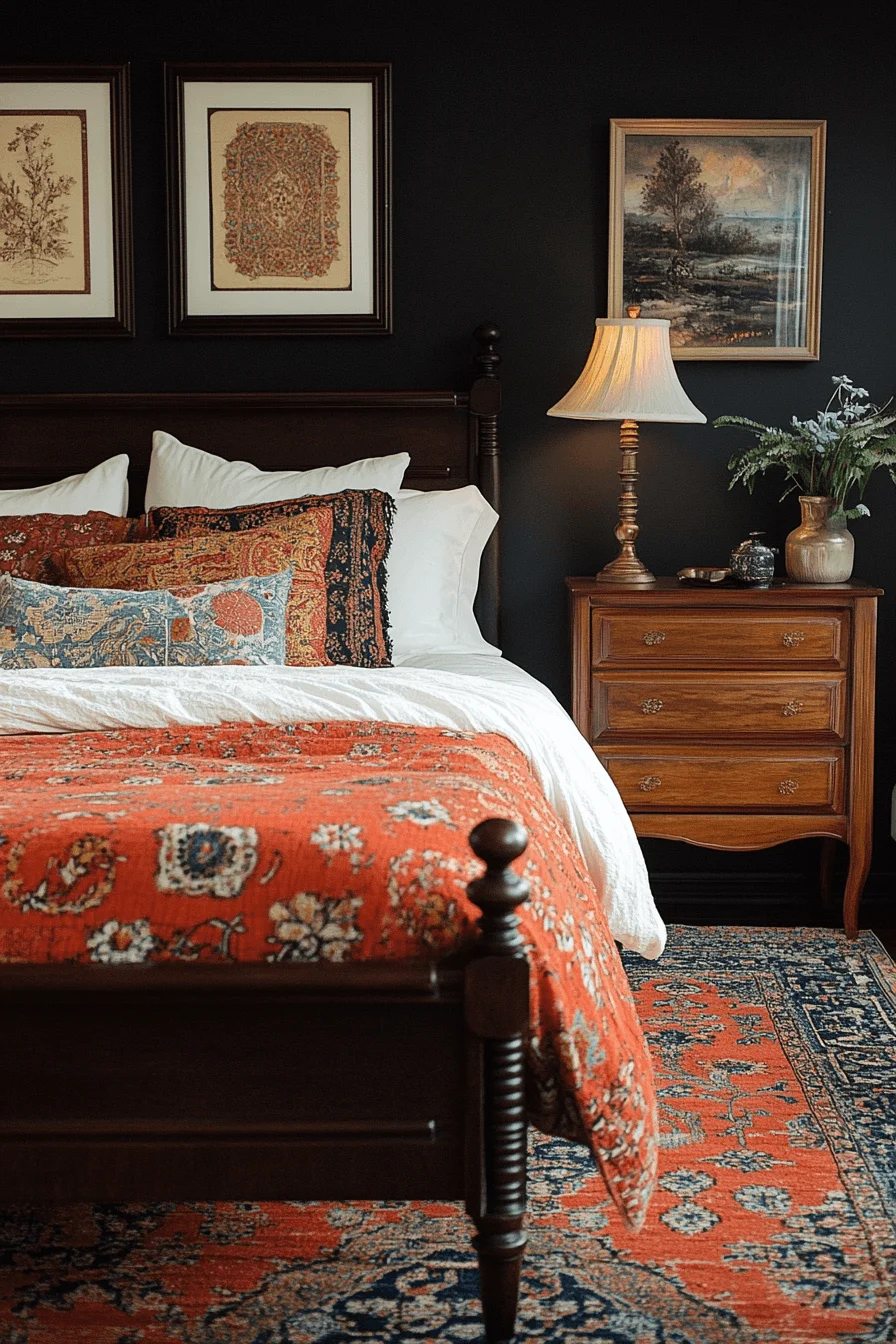 modern boho bedroom with dark tones