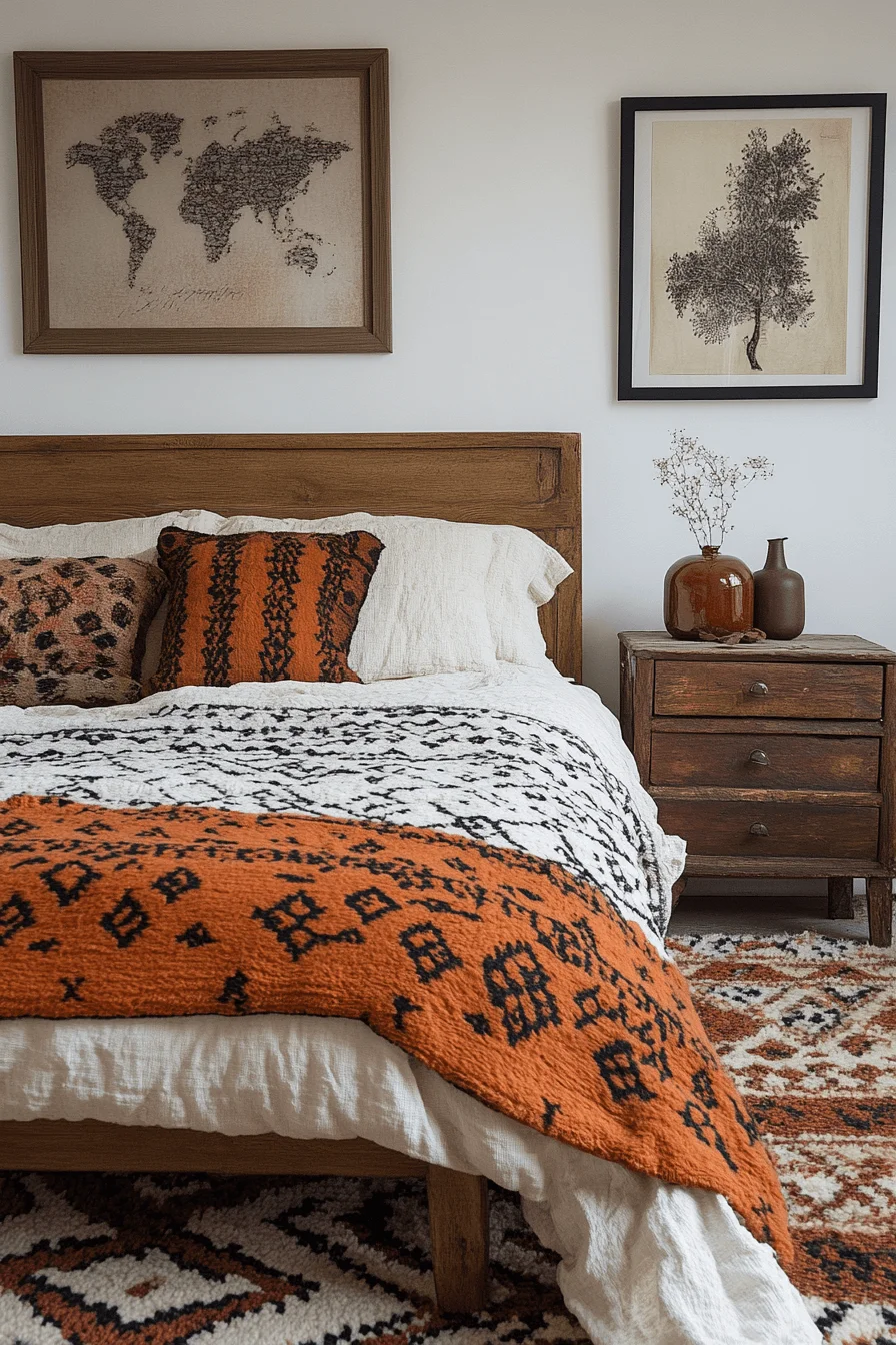 boho bedroom with geometric patterns